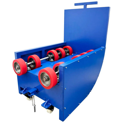 Shop Grade Electric Drum Rotator And Mixer Portable Steel Roller for Heavy Duty Oil Barrels, blue with red wheels.