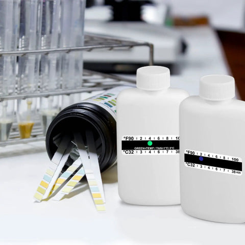 14 Piece Portable Liquid Specimen Storage Kit With 2 Empty Bottles, Temperature Indicator Strips, 10 Adhesive Labels, And A Lightweight Pouch For Safe Lab Sample Transport, two bottles with temp strips