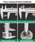 Pro Grade Stainless Steel Vernier Caliper 0-150mm measuring diameters, steps, and depth on metal hardware.