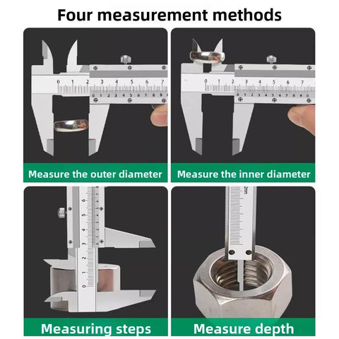 Four measurement methods using Vernier Caliper 0-150mm Manual Micrometer, Smooth Sliding, Built To Last, Handy Pro Grade Tool