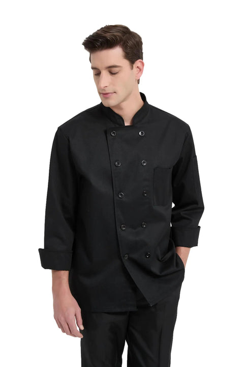 Kick Your Cooking Up With This Slick Long Sleeve Chef Coat Featuring Breezy Breathable Fabric Double Breasted Buttons And A Handy Sleeve Pocket Snag This Solid Black Restaurant Uniform For Intense Kitchen Heat Shift Ready Wear. Model wearing black long sleeve chef coat with double buttons and pocket.