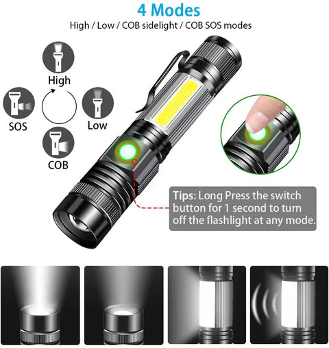 Rechargeable Tactical Flashlight With USB Magnetic Mount 4 Models Zoomable LED Beam COB Side Light Waterproof Torch