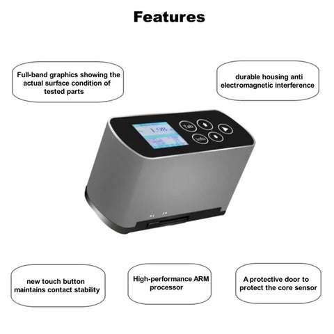Pocket-Sized Digital Surface Roughness Meter Go-To Tool for Ra Rz Rq Rt Measurements Handheld Gauge With 0.05 To 10 Micrometers Range And Roughly Ten Percent Accuracy Portable Roughness Tester For Precision Finishing And QC, front view