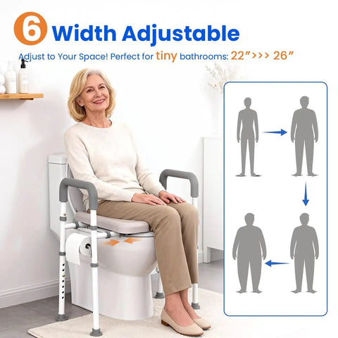 Raised Toilet Seat With Handles For Seniors Cozy Padded Elevation Riser Comfortable 350 Pound Capacity Adjustable Handicap Toilet Riser Gray FSA Eligible Now showing width adjustment feature