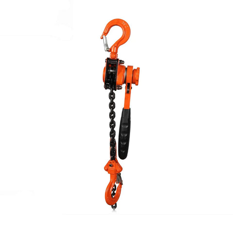 Pro Level Smooth Operator Mini Lever Chain Hoist Half Ton Ratchet Block With 5 Foot G80 Chain shown side view with orange hook.