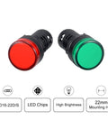 Six Pack Red Green Indicator Lights For AC DC 12V, 22mm Panel Mount, close-up view of two indicator lights, red and green LED, screw clamp
