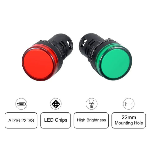 Six Pack Red Green Indicator Lights For AC DC 12V, 22mm Panel Mount, close-up view of two indicator lights, red and green LED, screw clamp