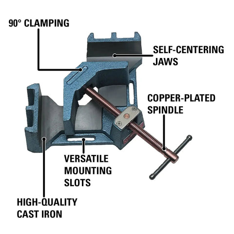 Heavy Duty Angle Clamp With 4-3/8 Inch Miter Capacity, 2-3/8 Inch Jaw Height, 4-1/8 Inch Jaw Length, Self Centering Jaws For Fast Setup.