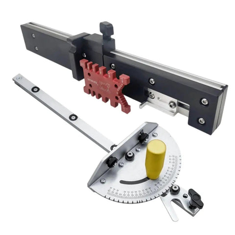 Dead On Precision Miter Gauge With Knockout Heavy Duty Aluminum Fence And Smooth Sliding Flip Stop For Table Saw And Router Assembly 450mm Tenon Block System And Jig, showing miter gauge components.