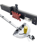 Workhorse Style Adjustable Miter Gauge For Table Saws featuring smooth slide rails and heavy duty aluminum fence, precision cutting setup.