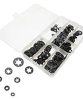 260 Piece Manganese Steel Flower Shaped Lock Washers Push On Locking Clips Assortment Kit shown in open case with washers
