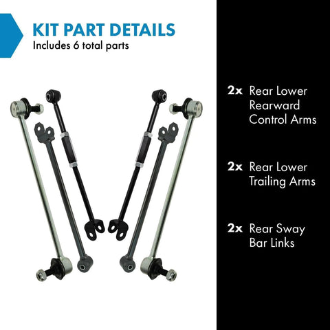 TRQ rear suspension kit for 06–12 Toyota; 6 parts: 2 rear lower arms, 2 rear trailing arms, 2 rear sway bar links.