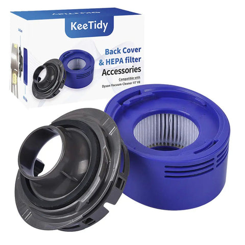 HEPA Filter Replacement and Motor Cover for Dyson V8 V7 Motorhead Cordless Vacuums, showing blue filter and black cover