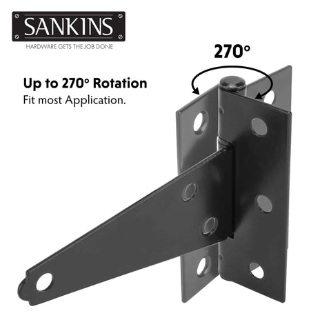 Heavy Duty 4 Inch T Strap Shed Door Hinges Black Powder Coated Outdoor Gate Hinges showing 270 degree rotation capability