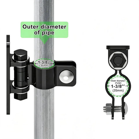 Ranch Ready Heavy Duty Gate Hinges 1 5/8 Inch showcasing black steel hinge on a 1-3/8 inch pipe for secure livestock gates.