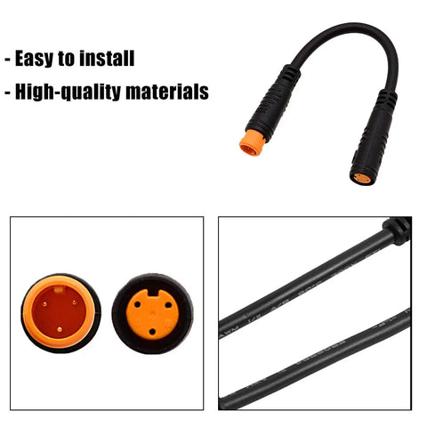 3 Pin E Bike Throttle Connectors Waterproof Sensor Cable Set with male and female ends, close-up of orange pin connectors