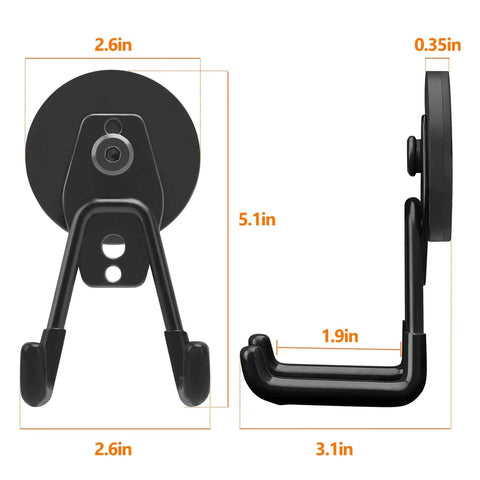 Heavy Duty Magnetic Hooks Set Of 3 For Garage And Workshop Industrial Grade Hangers To Hold Hammer Tools Drills Garden Hose And More Rubber Coated To Prevent Scratches On Surfaces For Indoor Or Outdoor Use, showing measurements of front and side view.