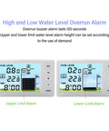 Wireless Ultrasonic Water Level Sensor With Digital Display And Temperature Readout For Liquid Depth Monitoring Battery Powered Tank Gauge Easy Setup And Real Time Alerts showing high and low level alarms on screen.