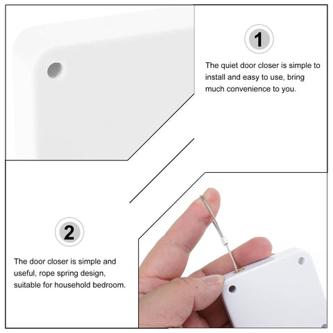 Close-up of Automatic Rope Door Closer No Drill Punch Free Install Quiet Operation For Home And Bedroom, white ABS and steel wire.