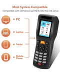 Heavy Duty Handheld Wireless Bar Code Scanner With Dead Fast Capture Rate And Fo Sho Reliable Data Transfer For Secure Stock Audits And Game Changing Warehouse Inventory Management shown with compatibility icons for various devices.