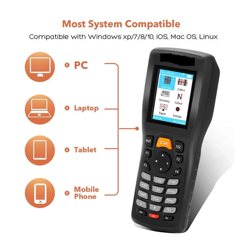 Heavy Duty Handheld Wireless Bar Code Scanner With Dead Fast Capture Rate And Fo Sho Reliable Data Transfer For Secure Stock Audits And Game Changing Warehouse Inventory Management shown with compatibility icons for various devices.