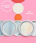 Disco Ball Paper Plates 25 Pack Nine Inch Iridescent Mirror Finish Party Dinnerware arranged on pink background.