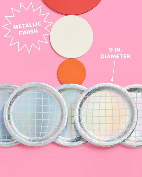 Disco Ball Paper Plates 25 Pack Nine Inch Iridescent Mirror Finish Party Dinnerware arranged on pink background.