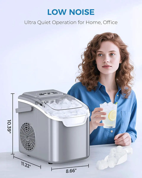 Woman using Countertop Ice Maker With Handle Portable Self Cleaning Ice Machine 26 Lbs Per Day 8 Cubes Ready In About 6 Minutes