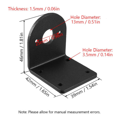 TopHomer black L-shaped motor mounting bracket in isometric view with base plate and four screw holes.