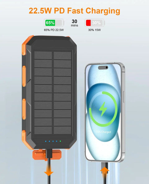 Portable Solar Power Bank 38800mAh With PD 22.5W USB C Fast Charging Four Built In Cables Dual LED Emergency Flashlights shown charging phone