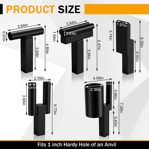 Diagram showing dimensions of Five Piece One Inch Hardy Hole Blacksmith Tools Set Pro Grade Forging Kit with side measurements