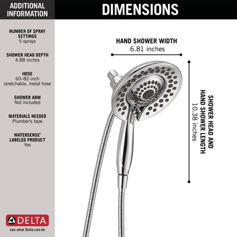 5-Spray Touch-Clean In2ition 2-In-1 Dual Shower Head With Hose In Chrome, dimensions and detachable handheld feature displayed