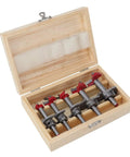 Five Piece Forstner Drill Bit Set Featuring Adjustable Depth Range Premium Woodworking Hole Saws And Sharp Wood Cutters in a wooden case.