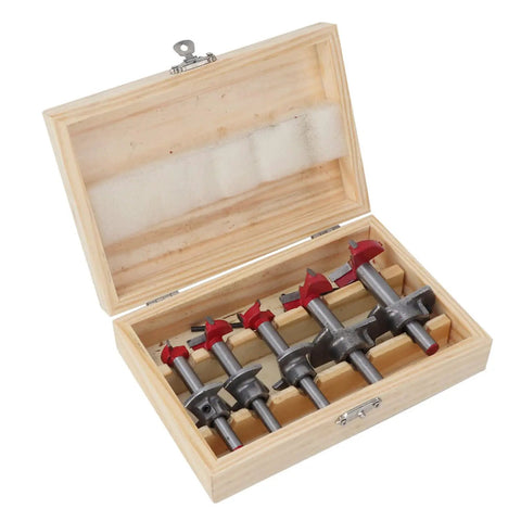 Five Piece Forstner Drill Bit Set Featuring Adjustable Depth Range Premium Woodworking Hole Saws And Sharp Wood Cutters in a wooden case.
