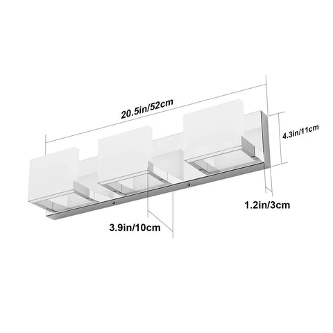Diagram of Three Light LED Vanity Light For Bathroom Chrome Finish Up And Down Mount Over Mirror Modern Wall Fixture With Frosted Acrylic Shade White Daylight 6000K For Brilliant Even Bath Illumination Easy Install, showing dimensions in centimeters and inches.