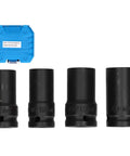 Get This Bad Ass 4 Piece Locking Wheel Nut Removal Socket Set Made From Tough Aluminum Alloy To Crush Stuck Lug Nuts Fast With Thin Walled Impact Sockets And Protective Sheath For Any Car Tire Change Or Emergency Roadside Mech Fix Today. 4-piece black impact sockets in 17mm, 18.5mm, 21.5mm, 23mm case