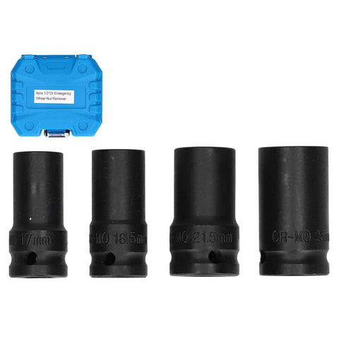 Heavy Duty Locking Wheel Nut Remover Sockets Kit With Thin Wall Design For Tight Spaces And Scratch Free Extraction Of 17mm 18.5mm 21mm And 26mm Lug Nuts On Any Ride Using Durable Aluminum Alloy Impact Tools, 4-piece case