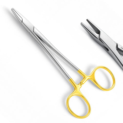 TC Mayo Hegar Needle Holder And Suture Driver With Tungsten Carbide Inserts And Gold Ring Handles For A Rock Solid Non Slip Grip Premium Grade Seven Inch Medical Instrument