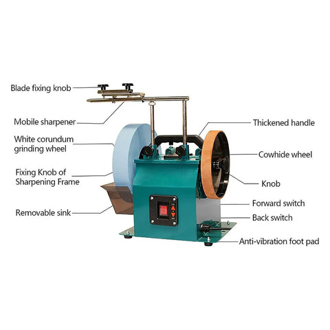 Electric Knife Sharpener Wet Stone Grinder Two Direction Multi Purpose Bench Tool With Ergonomic Handle and Durable Build, detailed view showing features and components.