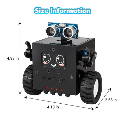 DIY Robot Kit Soldering Project For Teens And Adults With Time And Expressions Display Interactive Robot Car Soldering Practice Kit STEM Education For Back To School And Hands On Experiments. Size chart of black robot car, 4.33 x 4.13 x 2.56 in.