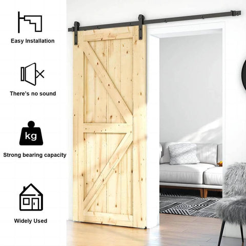 6.6 Foot Sliding Barn Door Hardware Kit for one wood door, installed on a natural wood panel displaying smooth quiet operation features.