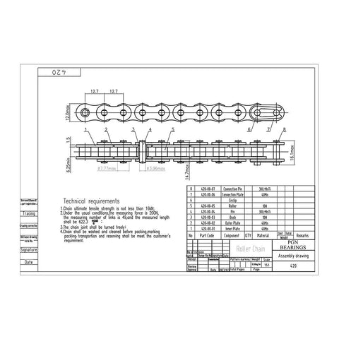 Technical drawing of Beefy 420 Motorcycle Chain 10 Feet Roll With 240 Links for dirt bikes and ATVs