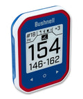 Slick Touchscreen Golf GPS Rangefinder With Slope Adjusted Distances, showing distance on vivid red and blue display.