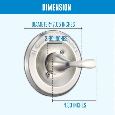 Delta 13 Series Trim Kit Replacement dimensions. Stainless steel shower handle with smooth temperature control features. Diameter 7.05 inches.