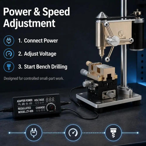 Mini Bench Drill Press Machine 9500Rpm High Precision Watchmaker Tool with power and speed adjustment interface for small-part work.