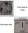 Close-up of the Heavy Duty Evaporative Swamp Cooler With Three Speed Settings For Outdoor Patio Garage And Commercial Spaces showing extra large air outlet and visual water tank.