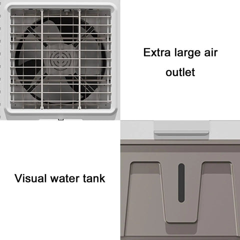 Close-up of the Heavy Duty Evaporative Swamp Cooler With Three Speed Settings For Outdoor Patio Garage And Commercial Spaces showing extra large air outlet and visual water tank.