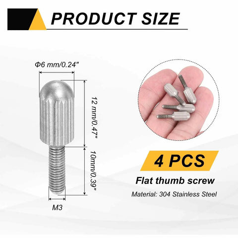 Solid M3 X 10mm Knurled Thumb Screws Pack Of Four Crafted From Tough 304 Stainless Steel Flat Head displayed with size dimensions.