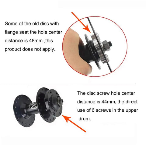 Comparison of disc brake screw hole center distances, 48mm vs 44mm, highlighting incompatibility with Beefy G3 Stainless Steel Disc Brake Rotors 160mm 180mm 203mm, 2 Pack With Bolts For Road, Mountain, MTB, BMX Bikes, Six-Screw Mount, Threaded Center, High Heat Dissipation, Built To Last.