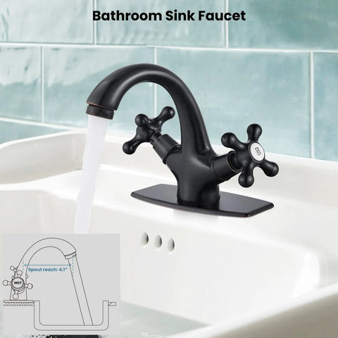 Old School Oil Rubbed Bronze Bathroom Sink Faucet With Single Hole, Double Cross Handles, spout water flow